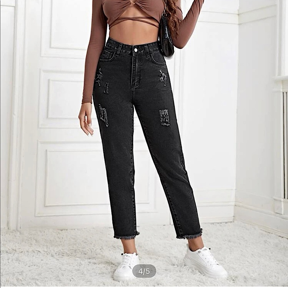 SHEIN High Waist Ripped Raw Hem Mom Jeans